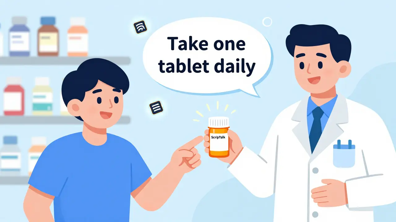 Man using a handheld device to hear prescription instructions from a bottle, with floating RFID symbols.