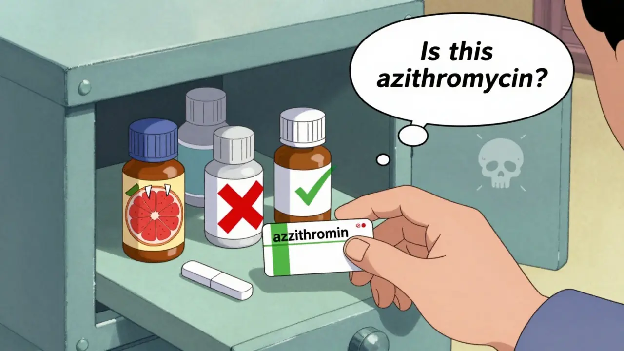 Medicine cabinet with colchicine, warning symbols, and azithromycin marked safe