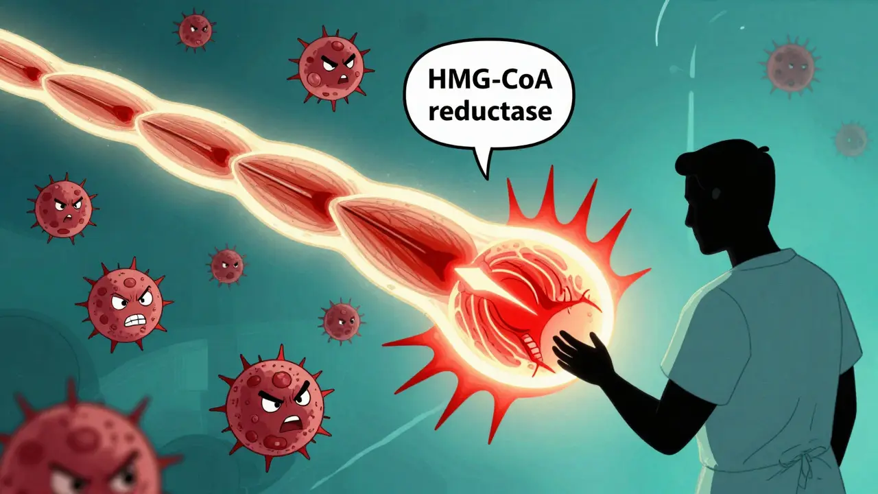 Microscopic view of immune cells attacking a muscle protein, with rising enzyme spikes in UPA animation style.