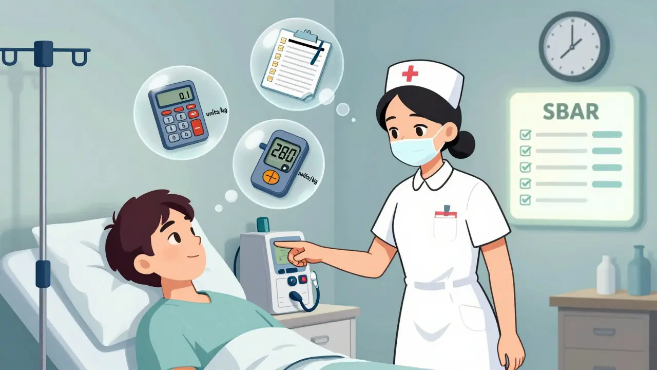 Nurse pauses at bedside, mentally verifying insulin dose with thought bubbles showing key checks.