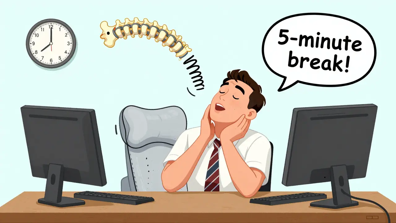 Office worker performing chin tuck exercise with supportive pillow and monitor stand