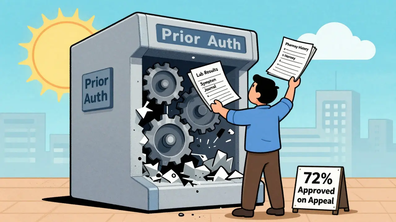 Patient defeats bureaucratic insurance machine with evidence, symbolizing successful appeal for brand medication.