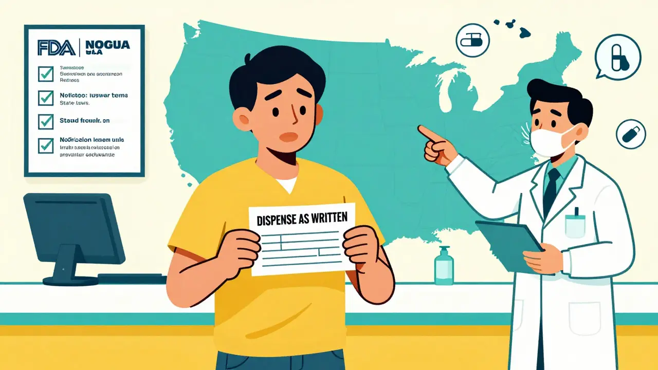Patient holding a prescription that says 'Dispense as Written' while pharmacist checks state compliance rules.