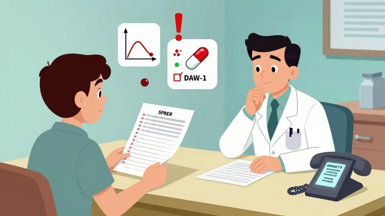 Patient presents medical records and lab results to doctor, with icons showing dropped drug levels and allergen warnings.