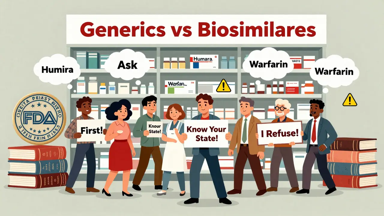 Patients advocating for their rights at a pharmacy with signs and drug labels floating around them.
