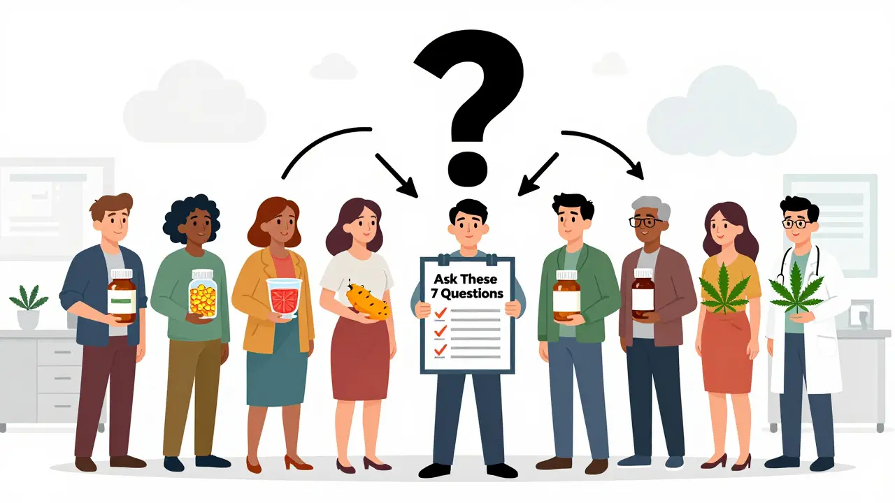 People holding various supplements and meds, with a giant question mark above them symbolizing the need to ask about interactions.