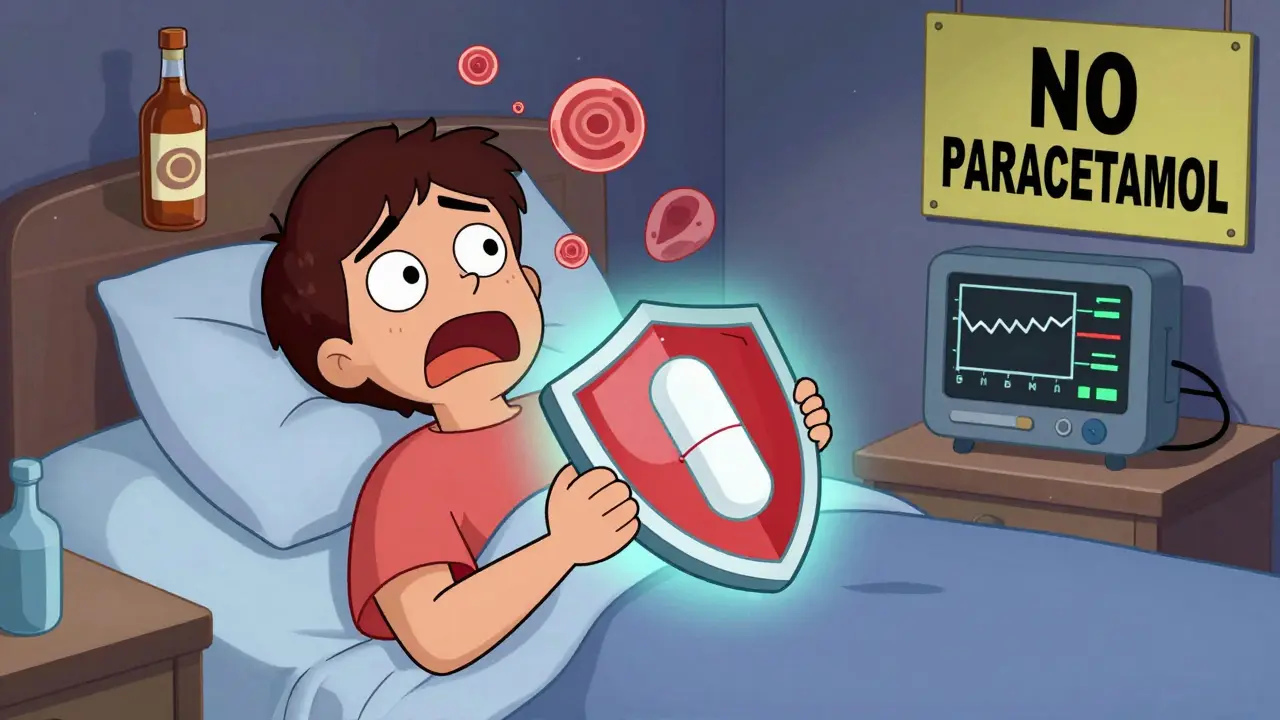 Person experiencing withdrawal with hallucinations, protected by a glowing NAC capsule and warning signs.