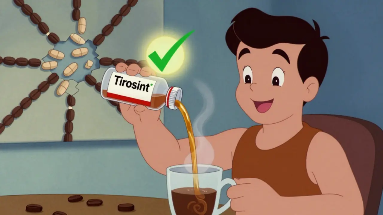 Person taking liquid levothyroxine while pouring coffee, with golden absorption stream and no interference