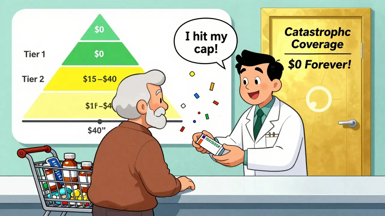 Pharmacist giving prescription to elderly patient as a golden door labeled 'Catastrophic Coverage — <h2>Why Generic Coverage Is So Much Cheaper</h2> Forever!' opens behind them.