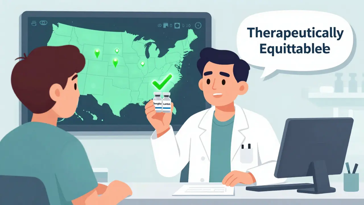 Pharmacist showing two equivalent medication vials to a patient.