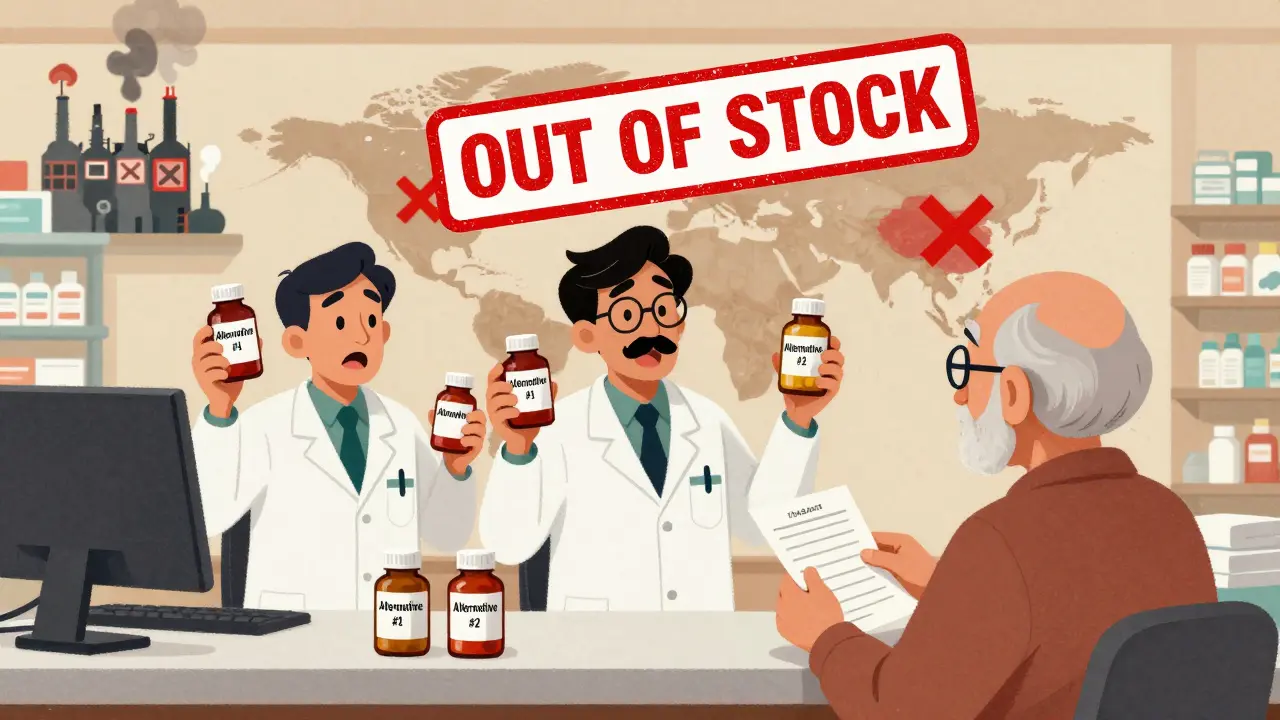 Pharmacists scrambling with substitute pills as an elderly patient looks on, a giant 'OUT OF STOCK' stamp looms.