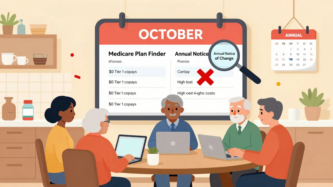 Seniors comparing Medicare plans on laptops at a kitchen table, with a calendar showing October and Annual Notice of Change.