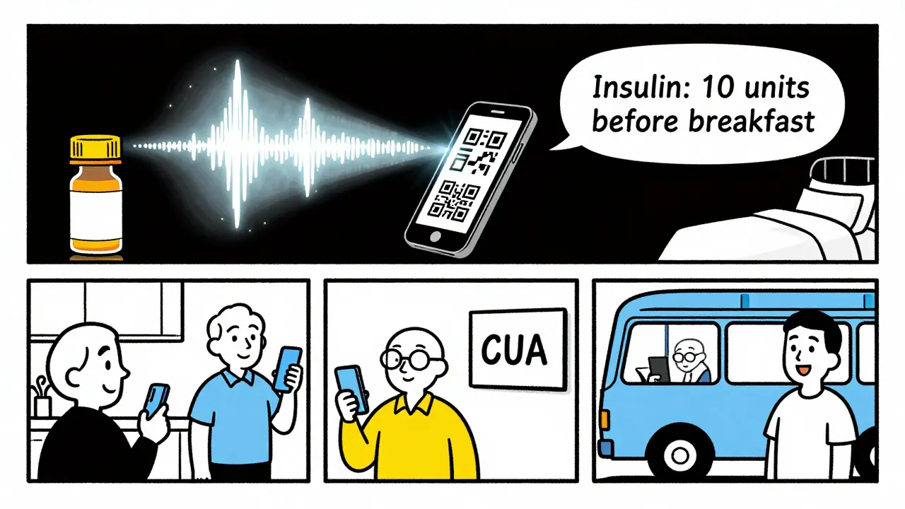 Smartphone scanning a QR code on a pill bottle, projecting audio waves as diverse people use accessible labels.