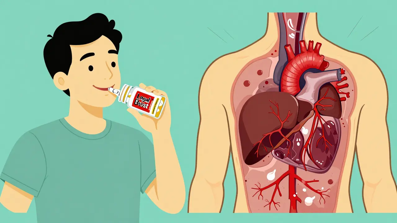 Split illustration showing external supplement use and internal organ damage from hidden chemicals.