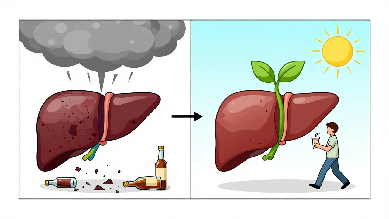 Split image: damaged liver turning into a healthy one with sprouting leaves, symbolizing recovery.
