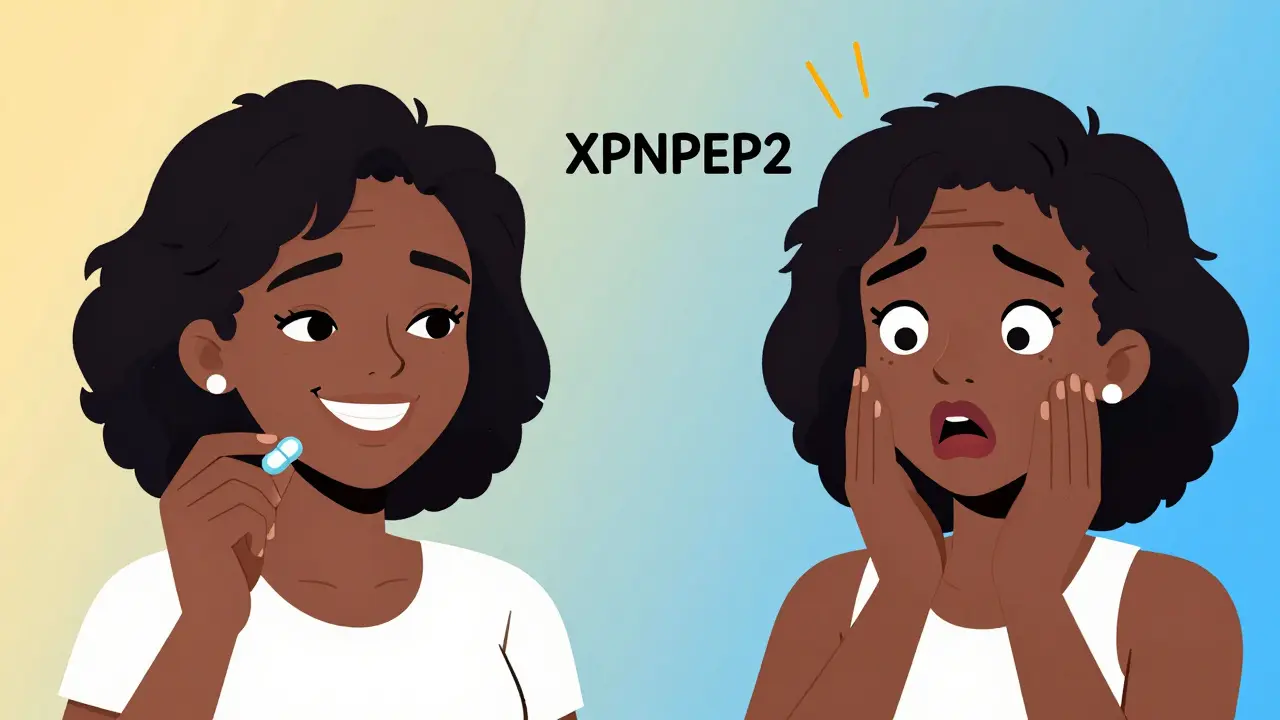 Split image: woman taking pill then swelling, genetic chain above, UPA cartoon style