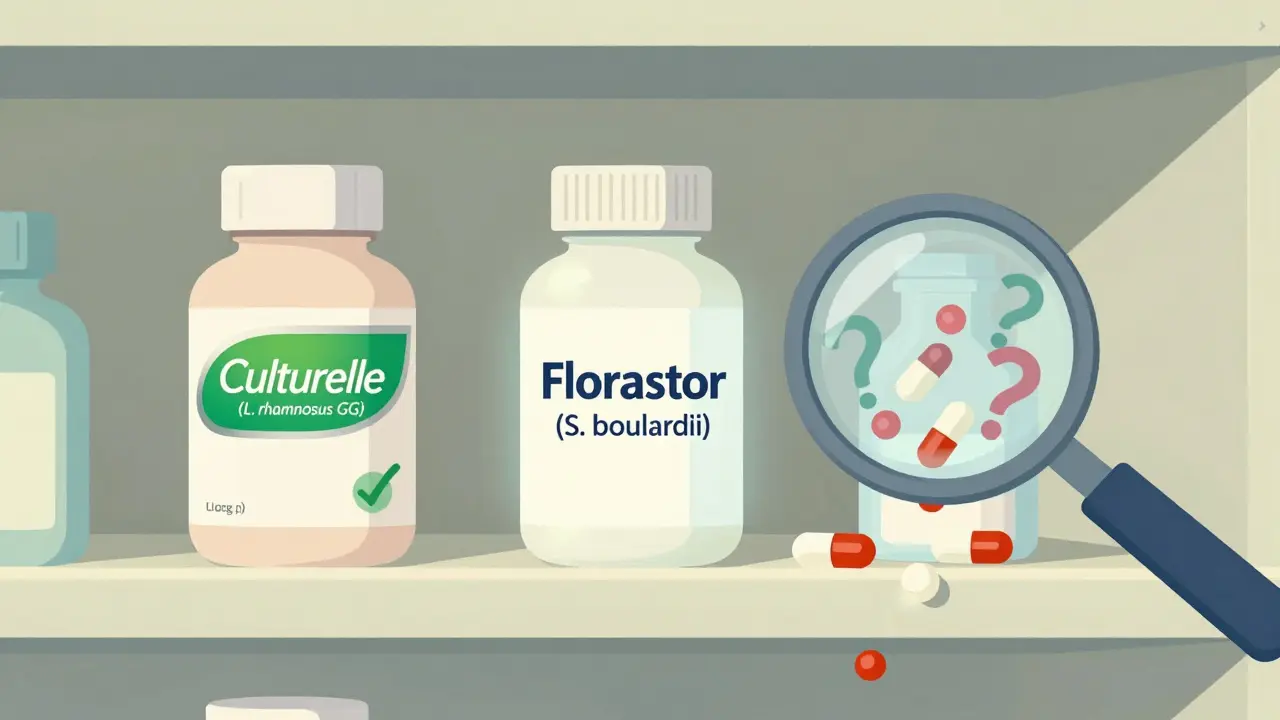 Three probiotic bottles on a shelf, one with checkmark, others chaotic, in UPA cartoon style