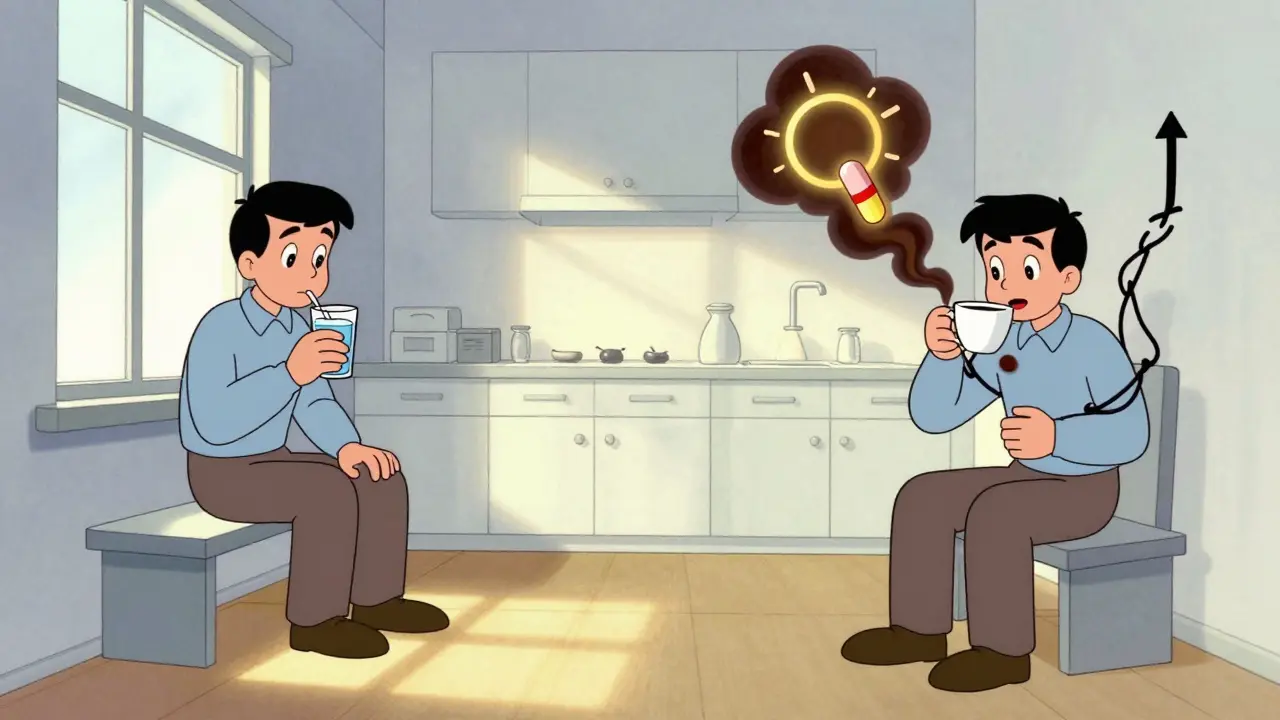 Two morning routines side by side: one with coffee blocking medication absorption, one with patient waiting