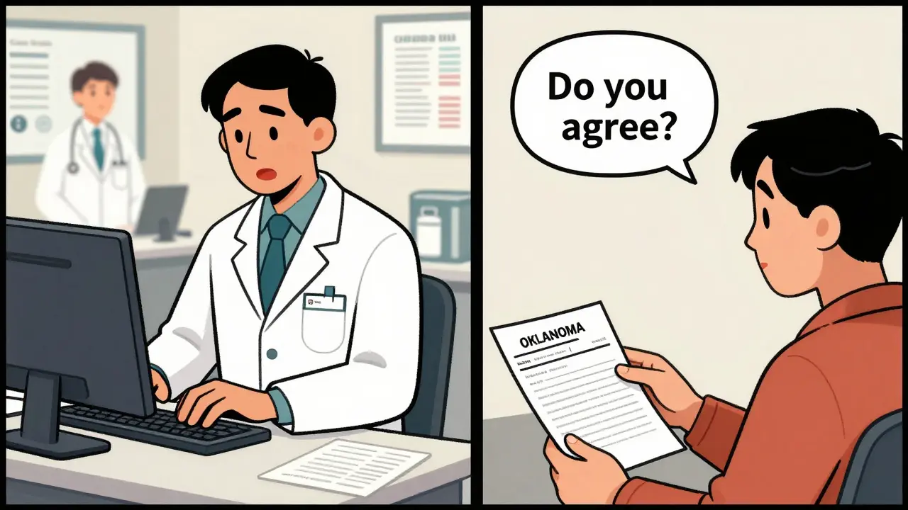 Two pharmacists in different states handling generic substitution with consent and EHR systems