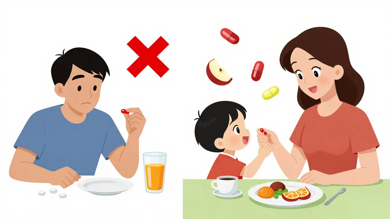 A man taking fexofenadine with orange juice and apple slices marked 'X', while a mother gives cetirizine to a child at breakfast with no restrictions.