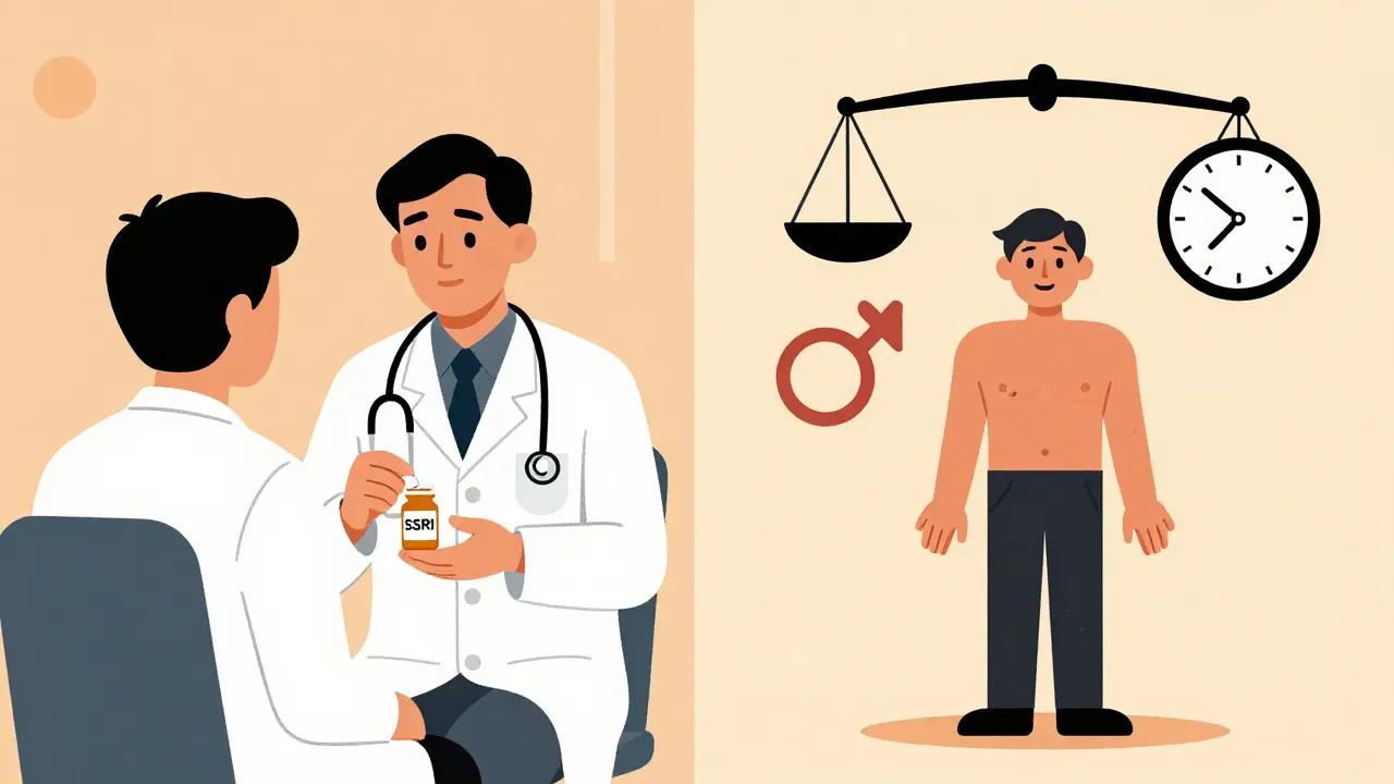 A person beside a doctor with icons showing weight gain, sexual dysfunction, and time passing, in UPA style.