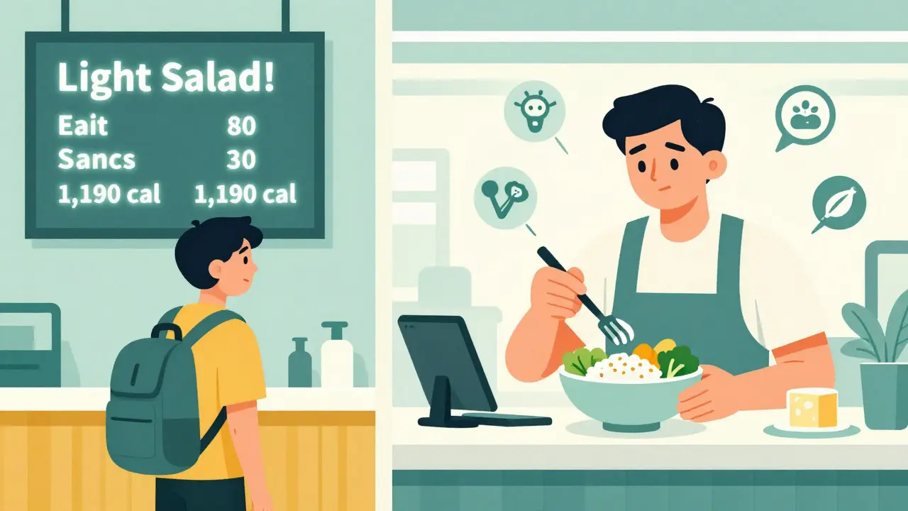 A traveler building a balanced airport meal with veggies and lean protein, avoiding hidden calories.