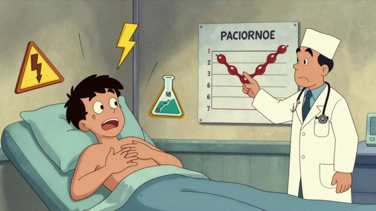 An emergency scene with warning symbols for serotonin syndrome and low sodium, in UPA cartoon style.