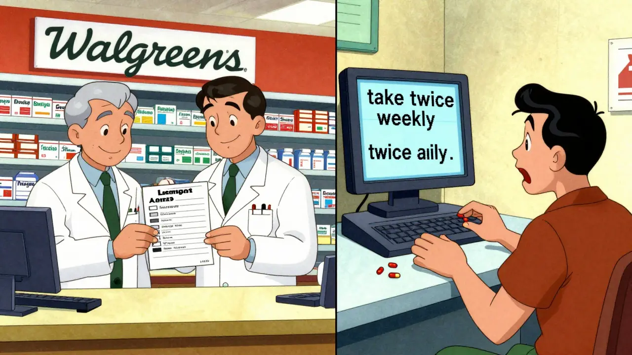 Contrasting scenes: a safe pharmacy with certified translators versus a chaotic one with mistranslated labels, in UPA cartoon style.