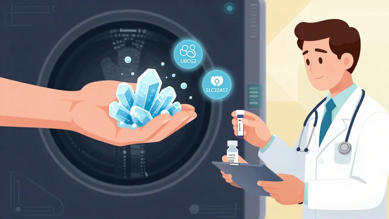 CT scan dissolving crystals with gene icons, symbolizing precision medicine for gout.