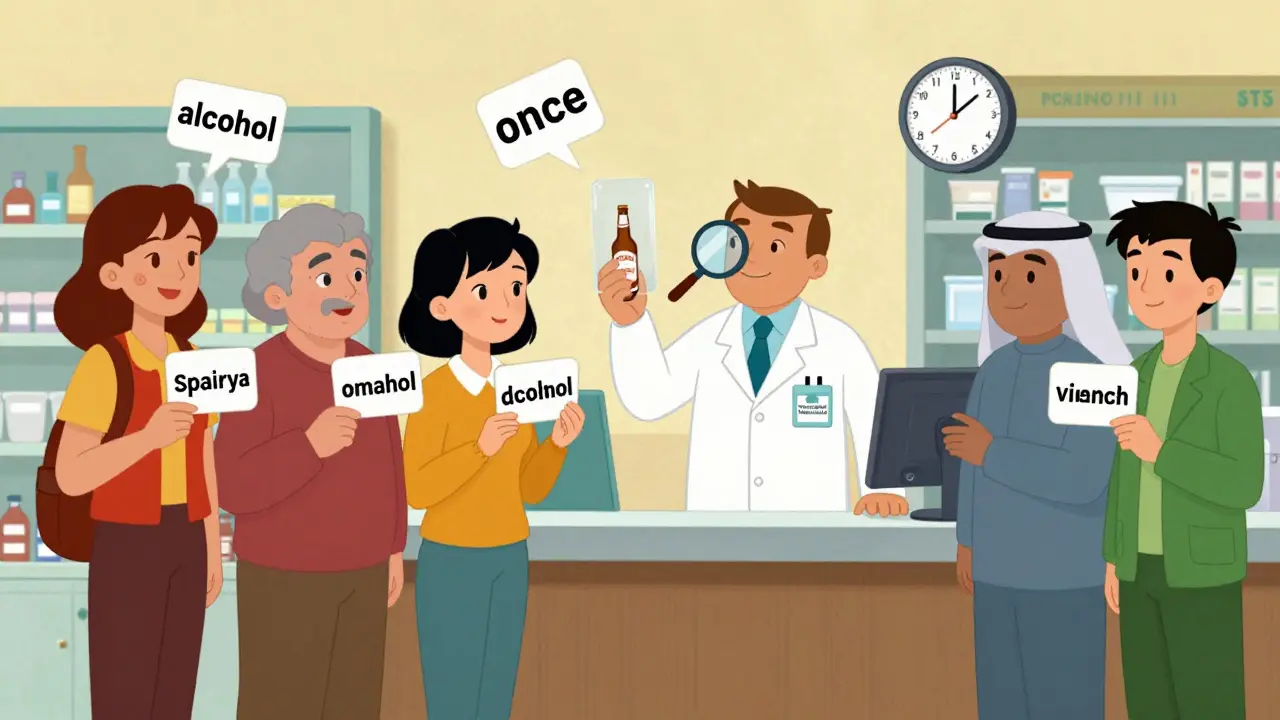 Diverse patients holding mistranslated labels with surreal errors, while a certified translator holds up a correct label, in UPA cartoon style.