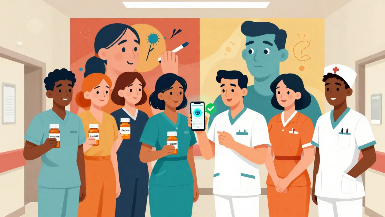 Group of people with labeled pill bottles, smartphone app scanning one, tall man lettering clearly visible.