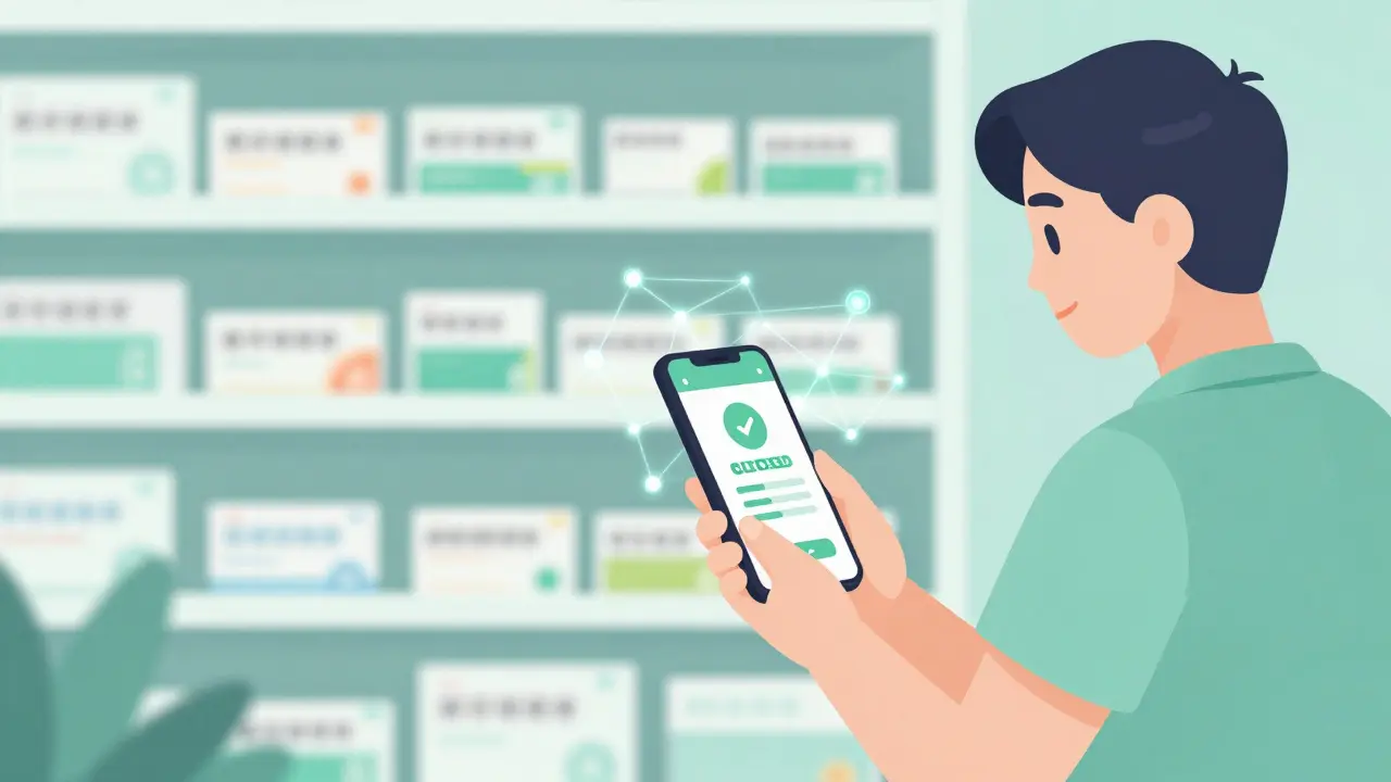 Patient verifying medicine using smartphone at pharmacy.
