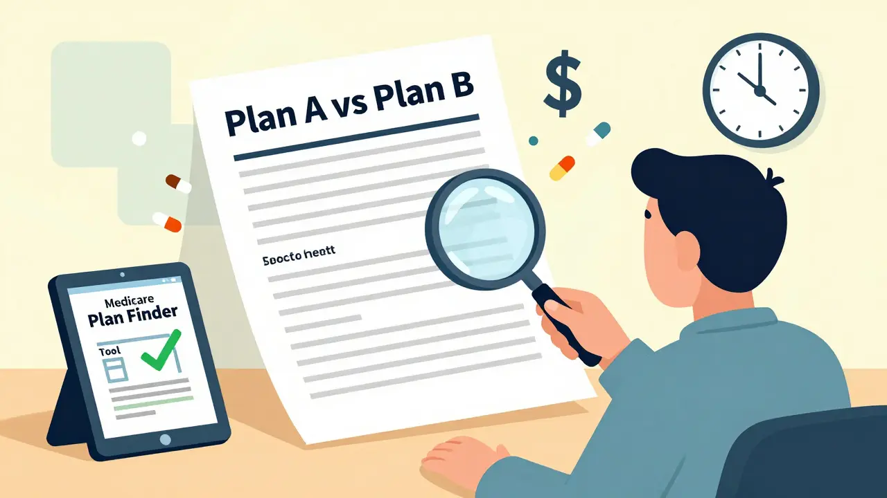 Person examining a formulary document with pills and dollar signs flying out, using a plan comparison tool on tablet.