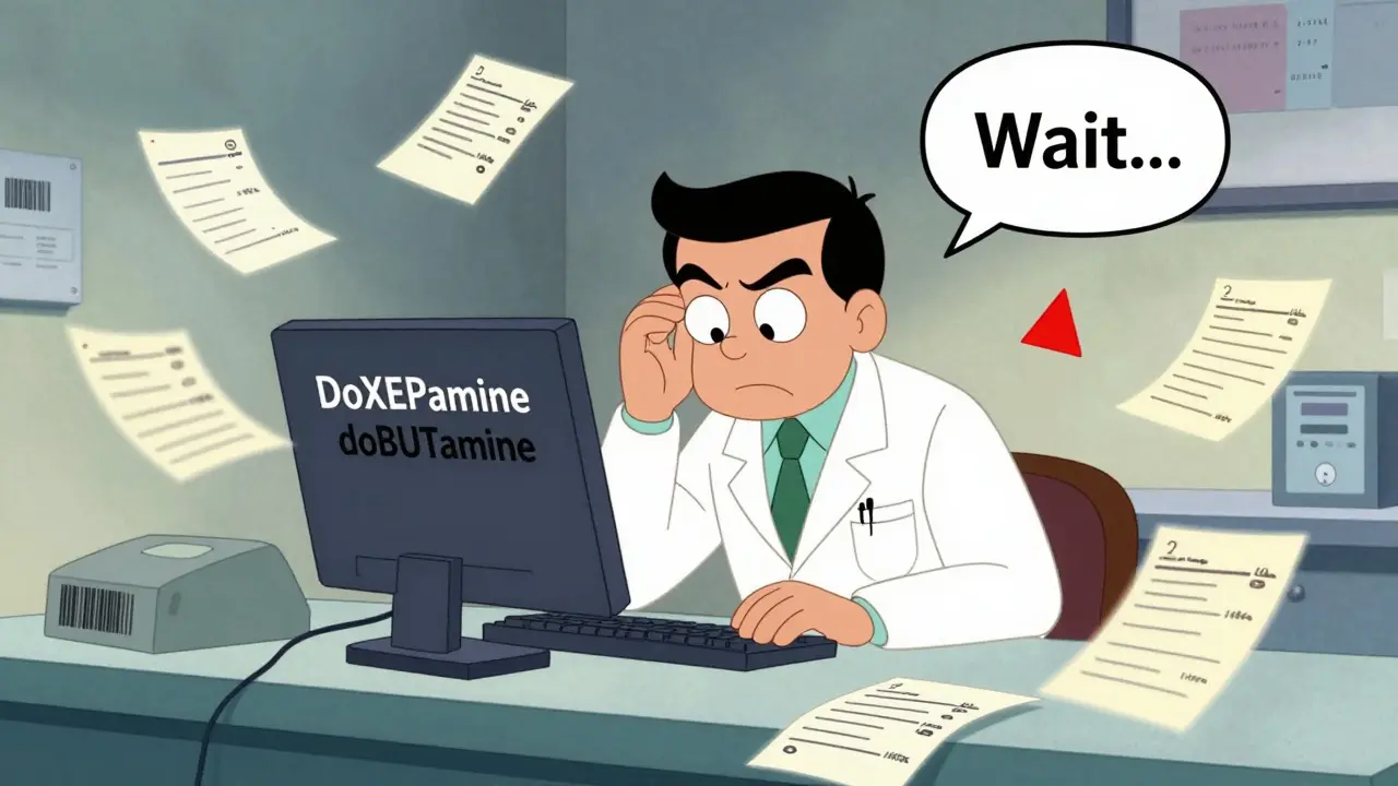 Pharmacist confused by similar drug names on screen, surrounded by messy prescriptions and warning symbols.