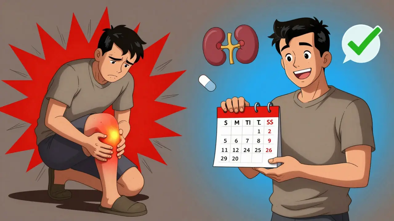 Split scene: gout flare vs. controlled gout with monthly blood tests and febuxostat pill.
