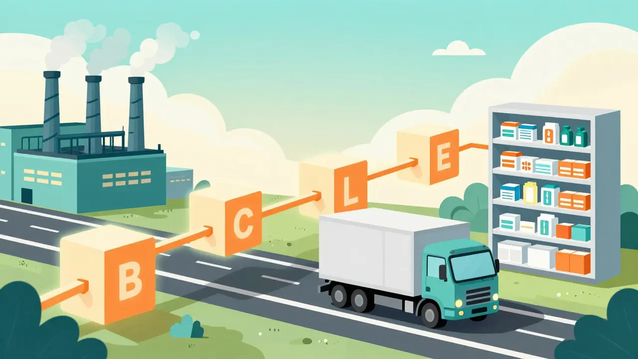 Supply chain journey from factory to pharmacy with blockchain blocks.