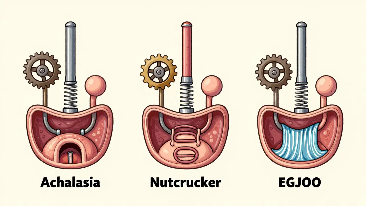 Three cartoonish esophageal disorders depicted as mechanical systems with gears and springs.