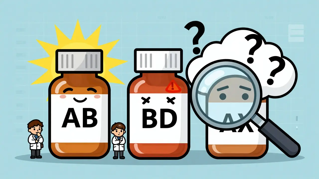 Three generic drug bottles with expressive faces, labeled AB, BD, and AX, under a magnifying glass with FDA inspectors.