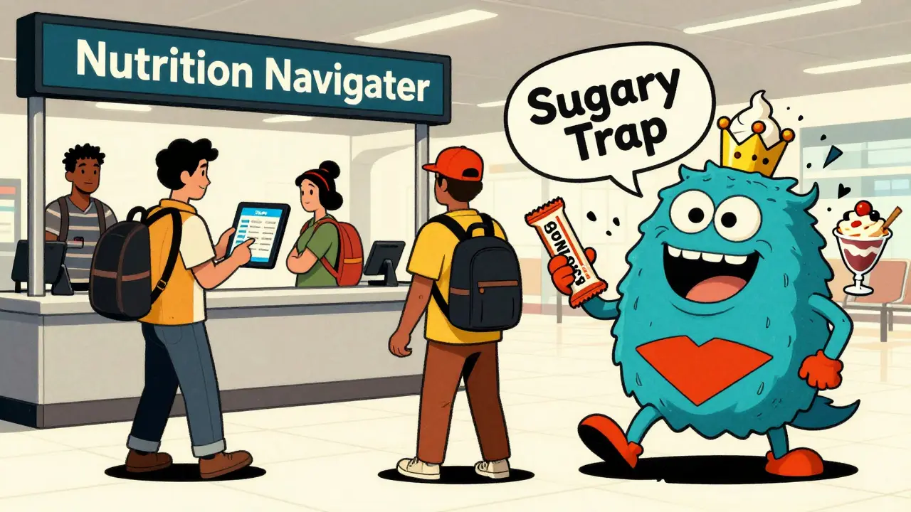 Travelers using a nutrition kiosk to make smart food choices while defeating a sugary trap monster.