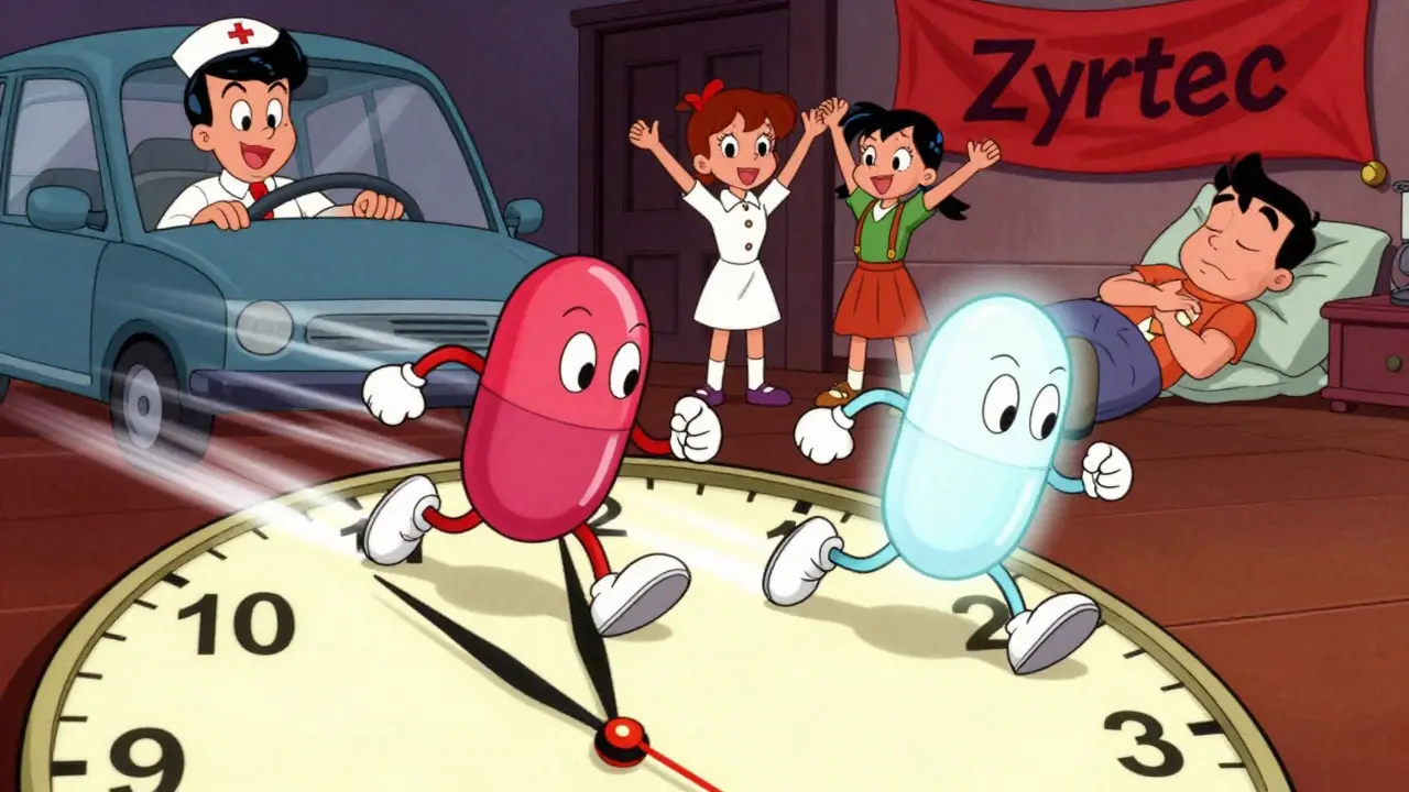 Two pill characters racing across a 24-hour clock, Zyrtec leading fast, Allegra steady, with a driver, nurse, and student watching.