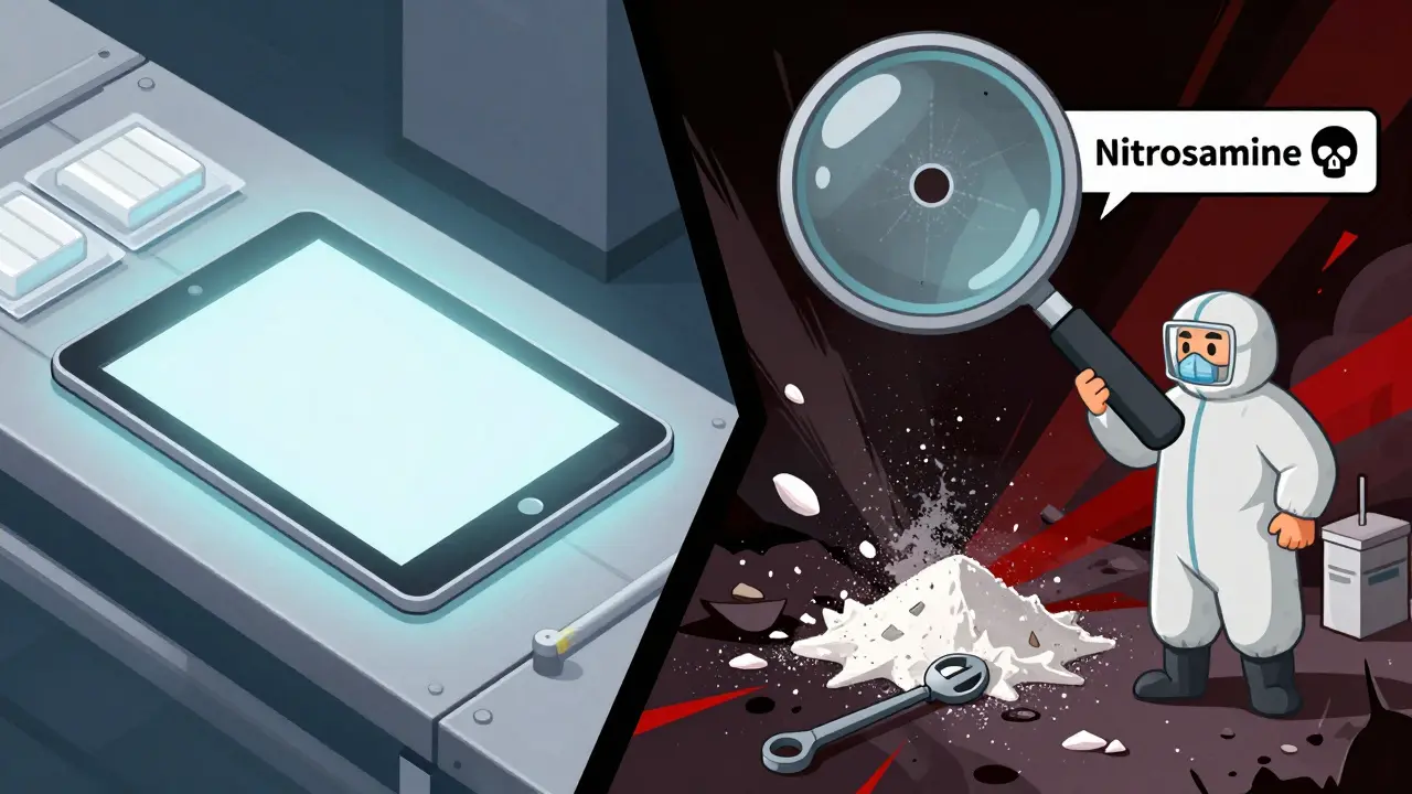 A clean tablet contrasts with chaotic contamination risks, highlighting a dangerous nanogram speck.