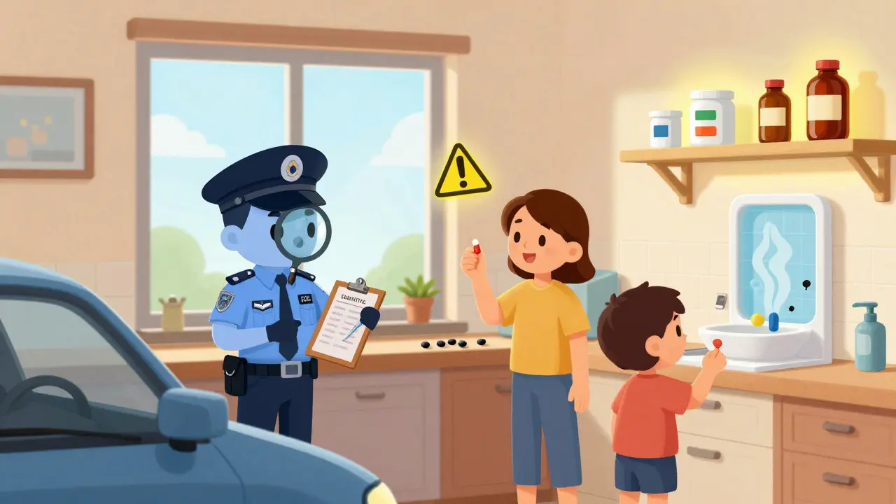 A family ignores proper medicine storage as a cartoon inspector points to hazards like hot cars and steamy bathrooms.