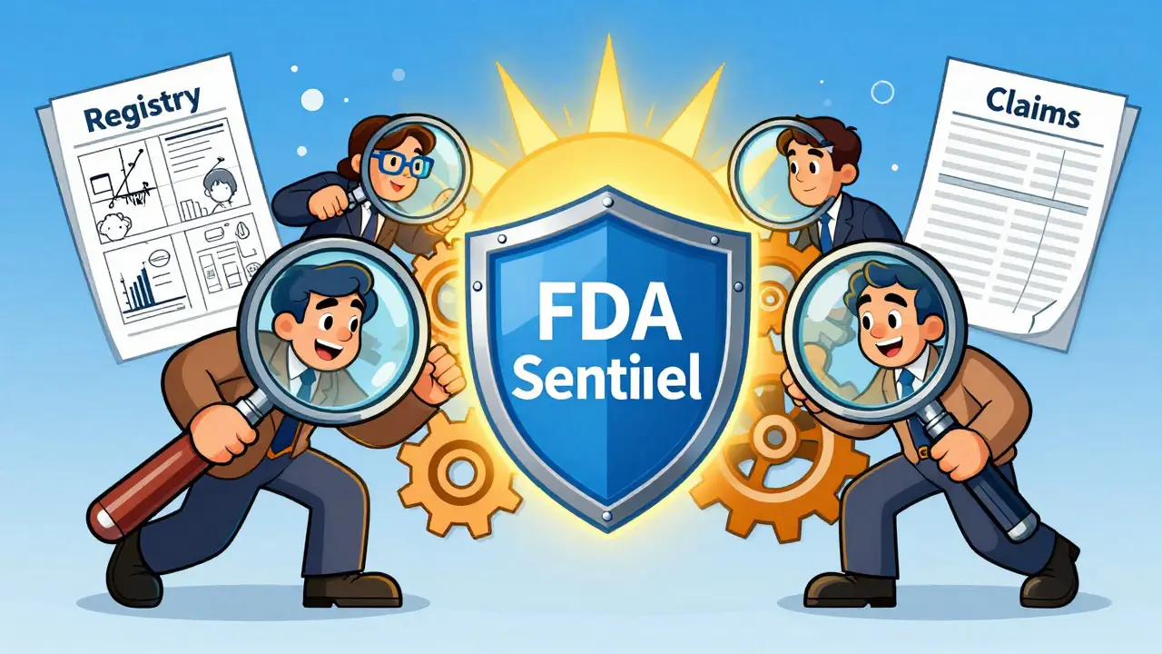 A registry and claims data merging into a shield labeled 'FDA Sentinel', symbolizing safer drug monitoring.