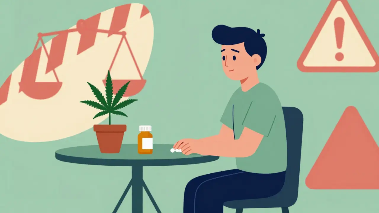 Cartoon of a patient with medication and cannabis plant showing risk.