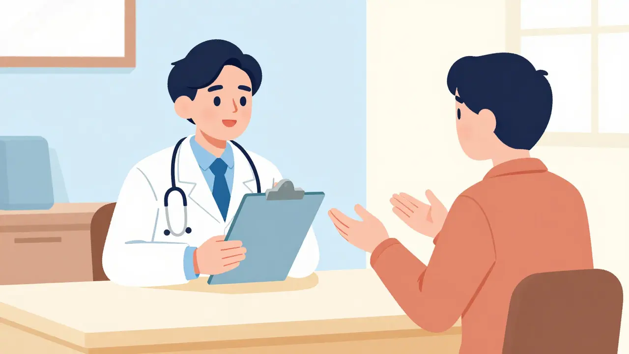 Doctor and patient consulting about medication safety in cartoon style.