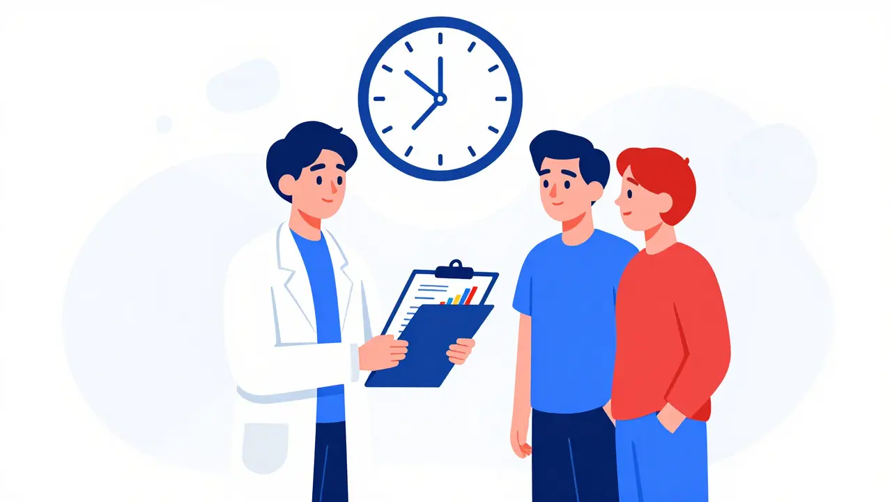 Doctor and patient reviewing health charts with clock icon