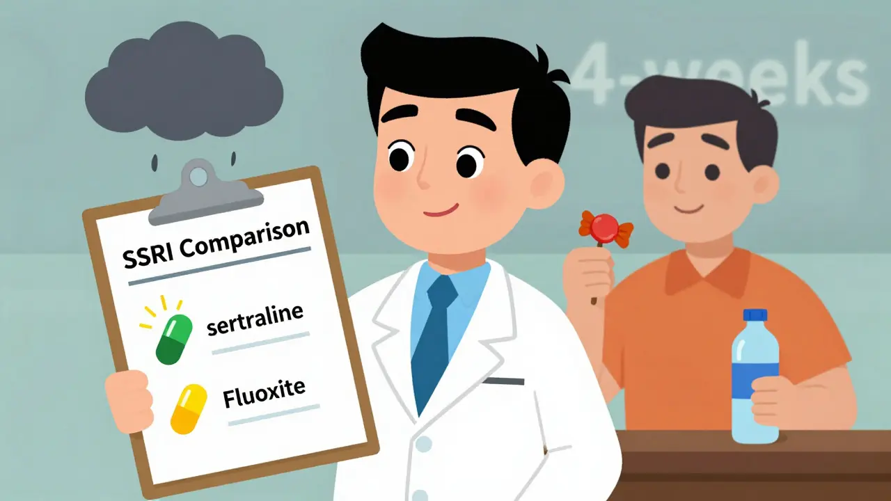 Doctor comparing SSRIs with sertraline, escitalopram, and fluoxetine, patient holding ginger and water.