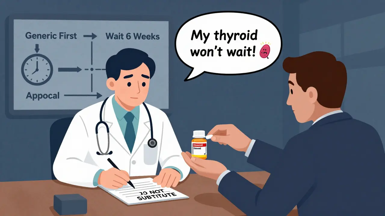 Doctor writing 'Do Not Substitute' as a shadowy PBM tries to take away the brand-name drug, with a long wait flowchart in background.