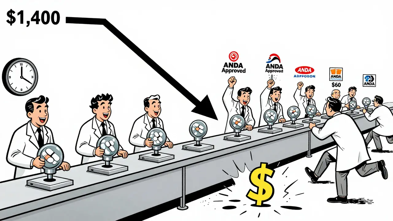 Factory assembly line producing generics as brand-name patent expires and prices plummet.