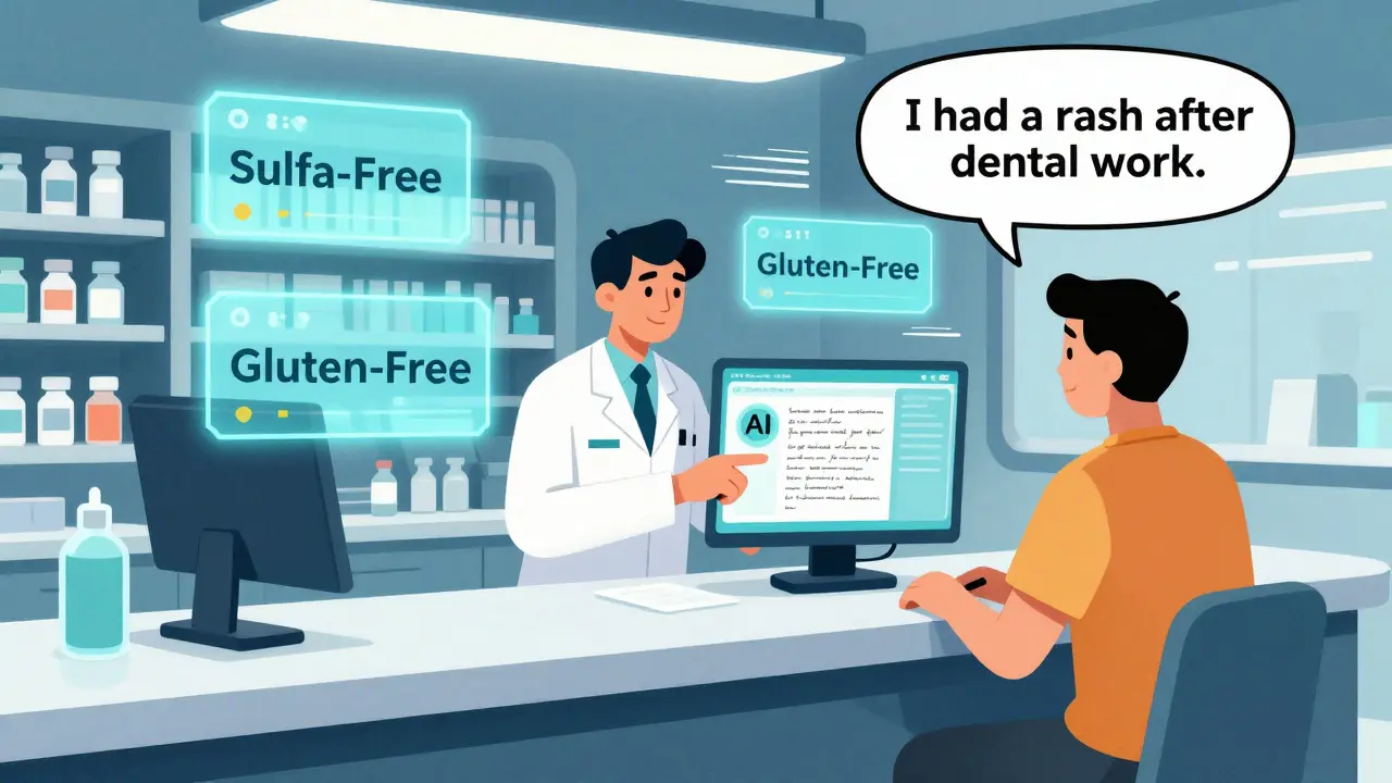 Holographic drug labels and AI reading patient notes at modern pharmacy counter